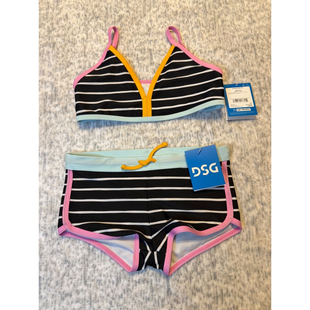 DSG Girls Dolphin‎ Hem Swimsuit Set Black White Stripe Pink Trim XS NWT